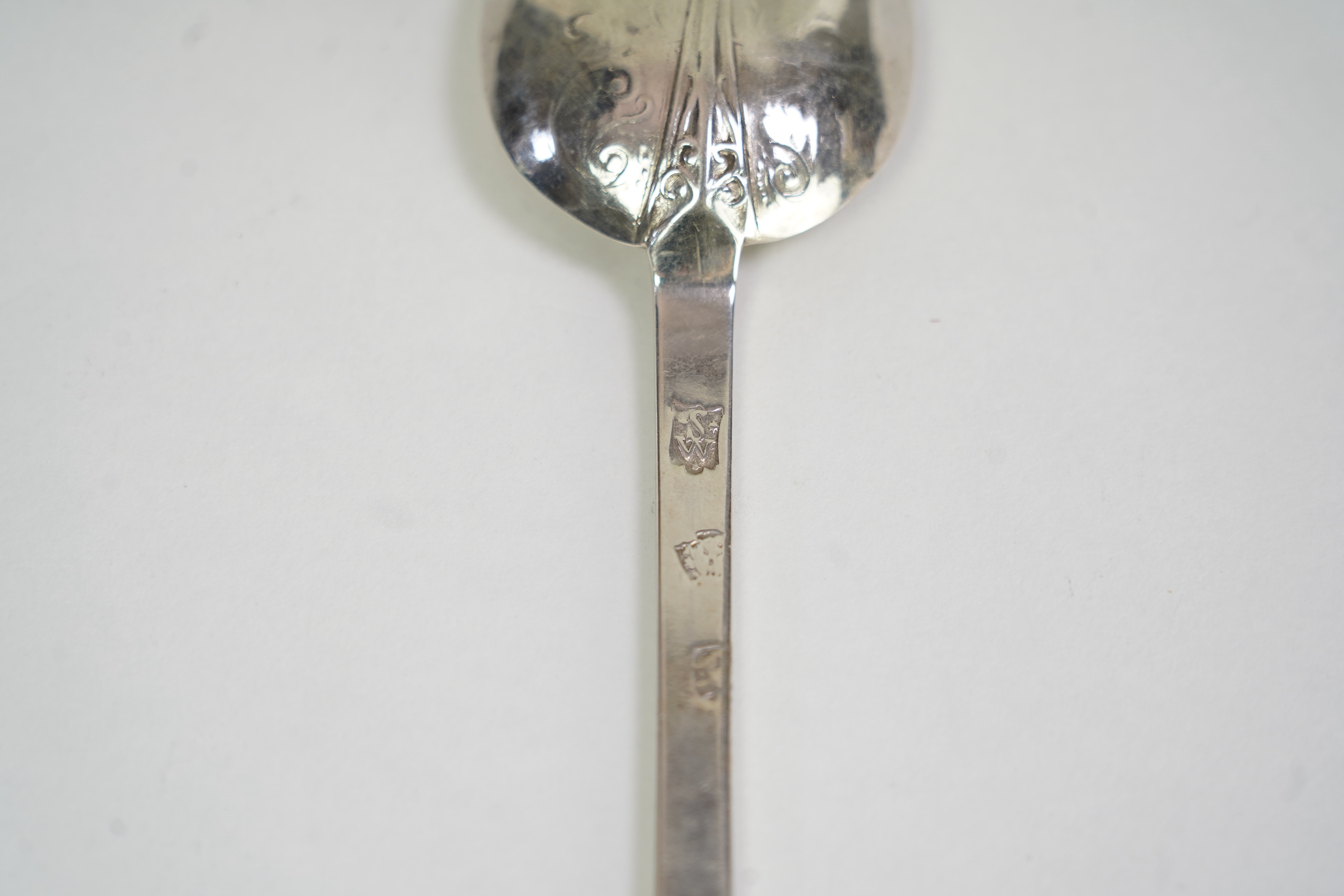 A late 17th century silver lace back trefid spoon, by William Scarlett